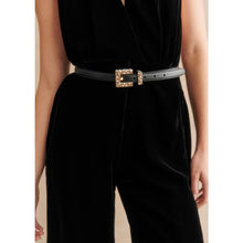 Load image into Gallery viewer, Sezane Charline Cow Leather Multicolor Crystal Gold Buckle Belt Black
