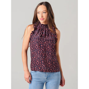 FRAME Silk Floral Pattern Ruffles Trim Mock Neck Sleeveless Top Black Red S