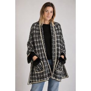 Mitchie's Tweed Knitted Gold Detail Pockets Fox Trim Wrap Black White OS NWT