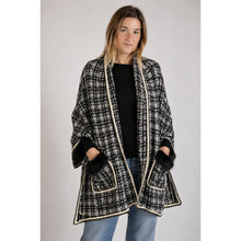 Load image into Gallery viewer, Mitchie's Tweed Knitted Gold Detail Pockets Fox Trim Wrap Black White OS NWT
