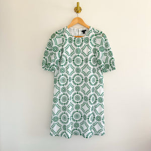 Ann Taylor Eyelet Crew Neck Puff Sleeve Casual Shift Dress Green/White XS