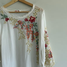 Load image into Gallery viewer, Johnny Was Floral Embroidered Eyelet Sheer Side Slits Tunic Top White M
