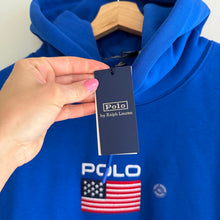 Load image into Gallery viewer, Polo Ralph Lauren USA American Flag Patch Fleece Hoodie Sweatshirt Royal Blue XL
