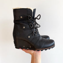Load image into Gallery viewer, Sorel Joan of Arctic Wedge Shearling Waterproof Lace Up Snow Boots Black 9
