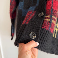 Load image into Gallery viewer, RD Style Plaid Pattern Crew Neck Knit Button Front Cardigan Black Blue M
