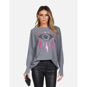 Lauren Moshi Cashmere Ladona Electric Evil Eye Draped Fit Pullover Sweater Gray XL