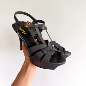 YSL Saint Laurent Tribute Leather Platform Sandals in Grey 39 NEW