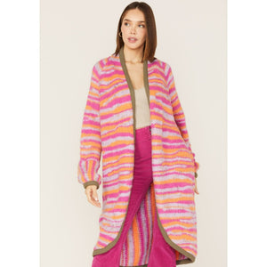 NWT Free People Pink Tiger Knit Open Front Duster Cardigan Pink/Orange XS