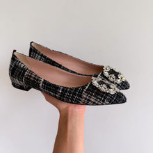 Load image into Gallery viewer, SJP Sarah Jessica Parker Tweed Jewel Buckle Flats Black White 39.5
