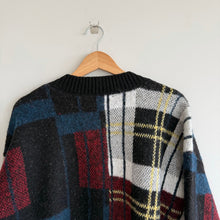 Load image into Gallery viewer, RD Style Plaid Pattern Crew Neck Knit Button Front Cardigan Black Blue M
