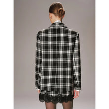 Load image into Gallery viewer, Commense Double-Breasted Metal Button Plaid Tweed Blazer Skirt Set Black M NWT

