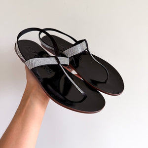 Pedro Garcia Patent Leather Crystal Embellished T-Strap Sandals Black 9 NEW