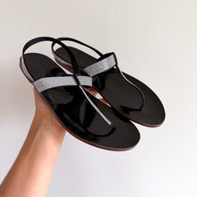 Load image into Gallery viewer, Pedro Garcia Patent Leather Crystal Embellished T-Strap Sandals Black 9 NEW
