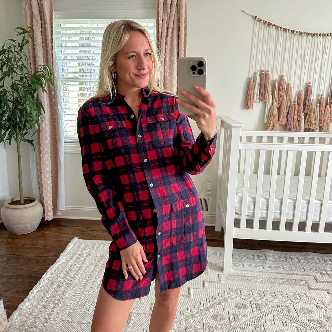 ATM Anthony Thomas Melillo Plaid Flannel Long Sleeve Shirt Dress Red Black XS