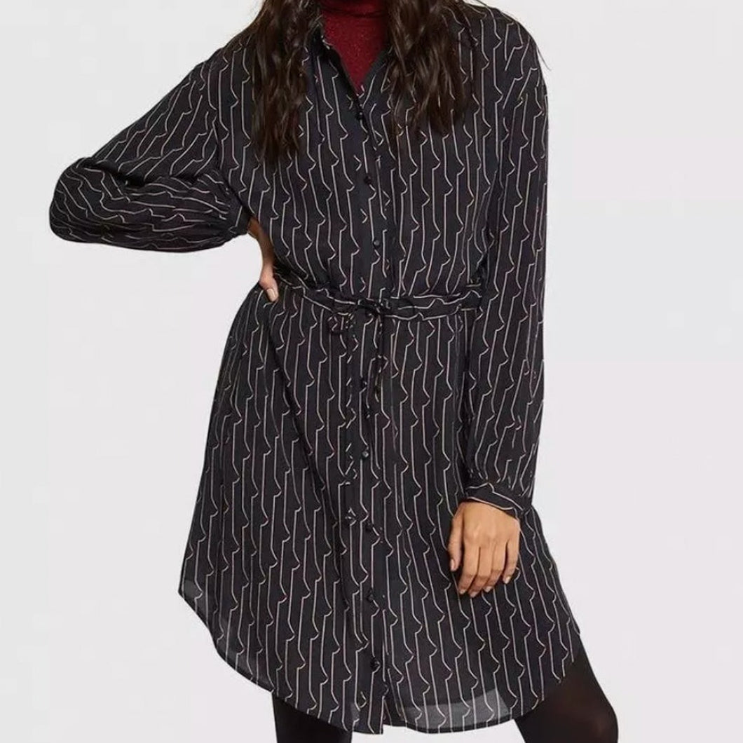 OTTOD'AME Patterned Long Sleeve V-Neck Midi Dress Navy 6