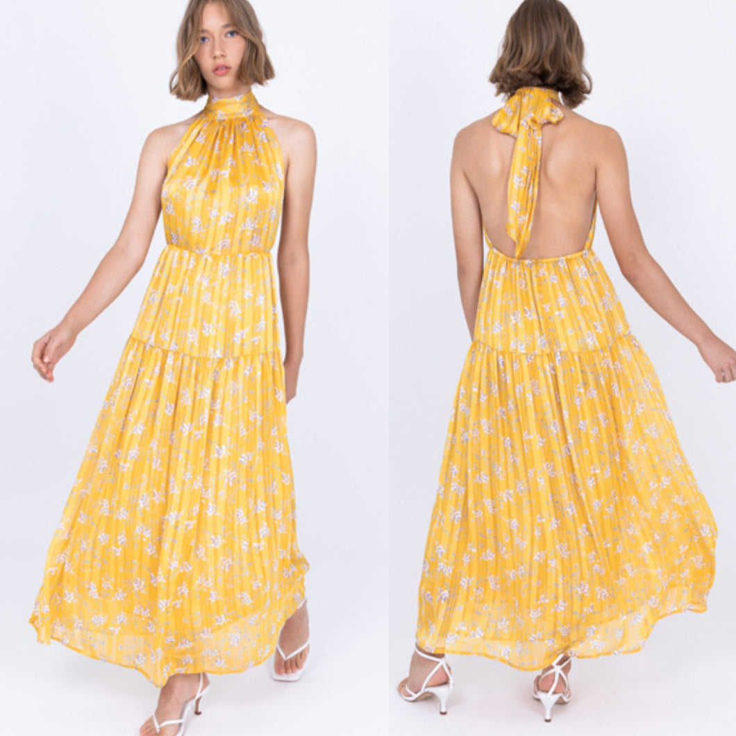 Sabina Musayev Donolita Sleeveless Floral Pleated Halter Maxi Dress Yellow M NWT