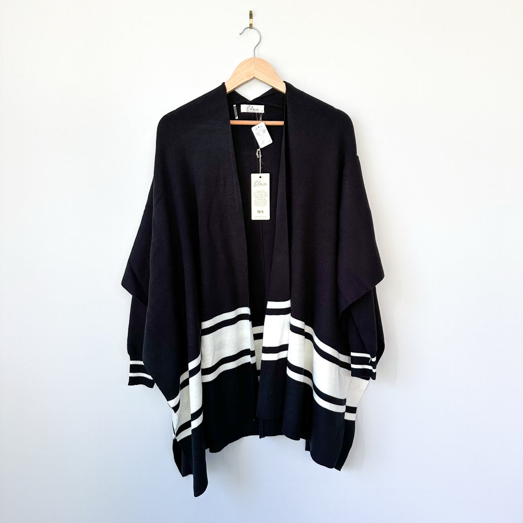 Elan Striped Cardigan Poncho Black White O/S NWT