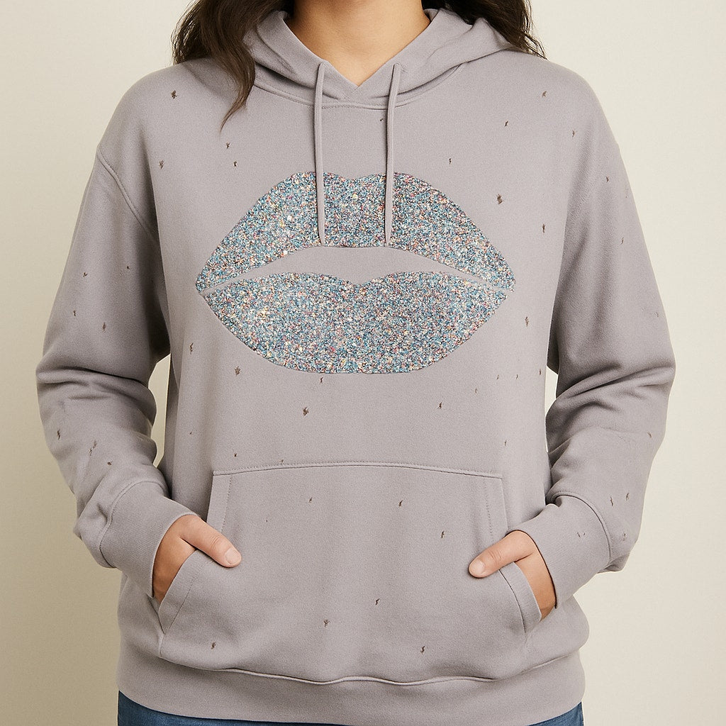 Lauren Moshi Lip Diamond Embellished Distressed Hoodie Sweatshirt Purple L