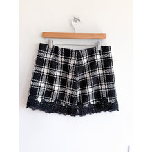 Load image into Gallery viewer, Commense Double-Breasted Metal Button Plaid Tweed Blazer Skirt Set Black M NWT
