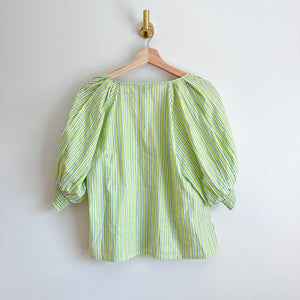 Sanctuary V-Neck Striped Puff 3/4 Sleeve Poplin Blouse Green L