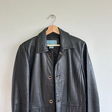 Load image into Gallery viewer, Nine West Genuine Leather Button Front Long Collared Trench Coat Black M
