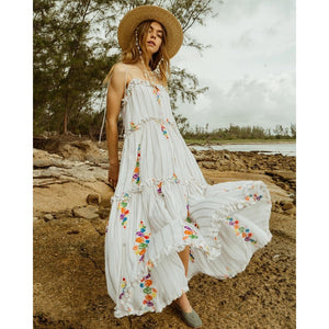 Mochi All Things Mady Striped Floral Embroidered Sleeveless Maxi Dress White XS