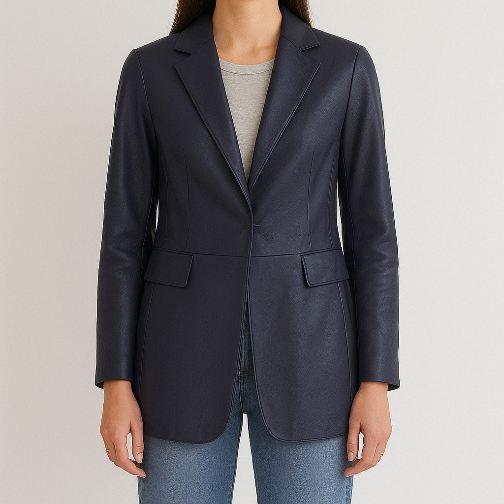 AKRIS Lamb Nappa Leather Collared Blazer Purple 12