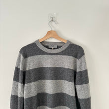 Load image into Gallery viewer, Qi Cashmere Striped Long Sleeve Pullover Sweater Gray M
