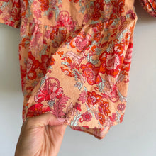 Load image into Gallery viewer, THML Floral Print Tie Open Back Puff Sleeve Peplum Blouse Orange Pink L
