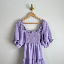 Load image into Gallery viewer, &amp;Merci Tiered Smocked Short Sleeve  Square Neck Midi Dress Purple S
