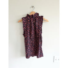Load image into Gallery viewer, FRAME Silk Floral Pattern Ruffles Trim Mock Neck Sleeveless Top Black Red S
