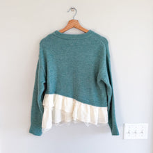 Load image into Gallery viewer, Cinq à Sept Ruffles Lace Hem Crew Neck Pullover Sweater Turquoise XS
