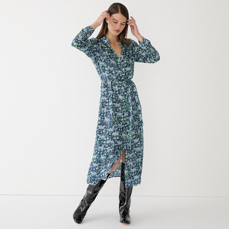 J. Crew Button Front Long Sleeve Midi Shirt Dress in Fauna Floral 00