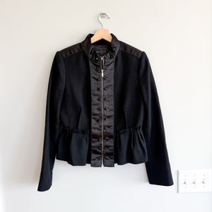 BCBGMaxazria Satin Detail Zip Up Ruffle Hem Peplum Military Jacket Black M