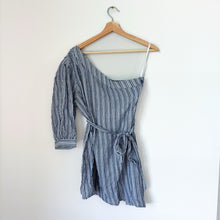 Load image into Gallery viewer, BCBGMAXAZRIA Jolee Cotton Striped One Shoulder 3/4 Sleeve Mini Dress Blue S
