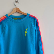 Load image into Gallery viewer, Aviator Nation Lightning Bolt Rainbow Stripe Sleeve Pullover Sweatshirt Blue S
