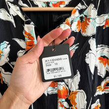 Load image into Gallery viewer, ST. JOHN Silk Floral Mod Print Neck Tie Short Sleeve Midi Dress Black 10 NWT
