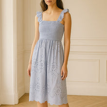 Load image into Gallery viewer, ANDRÉE by UNIT Smocked Eyelet Sleeveless Square Neck Mini Dress Blue L
