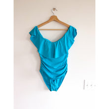 Load image into Gallery viewer, La Blanca Off Shoulder Ruffles Trim One Piece Swimwear Blue 12 NWT

