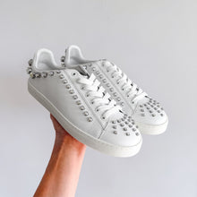 Load image into Gallery viewer, Stuart Weitzman Goldie Shine Embellished Convertible Sneakers White Silver 8
