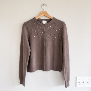 H&M Studded Embellished Button Front Cardigan Dark Beige M NWT