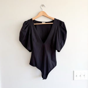 Free People Intimately Va Va Voop V-Neck Puff Sleeve Stretch Bodysuit Black S