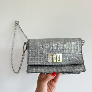 FURLA 1927 Glitter Embellished Chain Strap Mini Crossbody Bag Silver