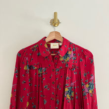 Load image into Gallery viewer, Anthropologie Maeve Fredericka Bird Floral Print Ruffle Button Up Shirt Red 0

