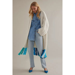 Anthropologie Multicolor Fringe Duster Kimono Cardigan Ivory Blue One Size