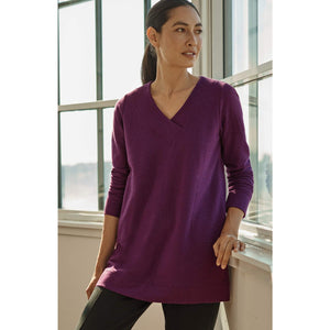 J. Jill Fit Tweeded French Terry Side-Slit V-Neck Casual Tunic Top Purple L NWT