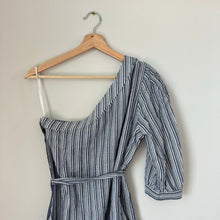 Load image into Gallery viewer, BCBGMAXAZRIA Jolee Cotton Striped One Shoulder 3/4 Sleeve Mini Dress Blue S
