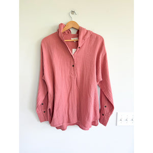 Lou & Grey Gauze Cotton Long Sleeve Pullover Hoodie Pink XS
