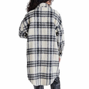 Steve Madden Plaid Mid-Length Button Front Shirt Jacket Ivory/Black S