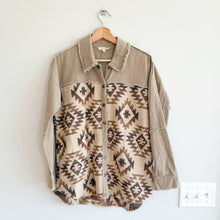 Load image into Gallery viewer, Mystree Aztec Print Button Down Long Sleeve Shacket Tan Brown S
